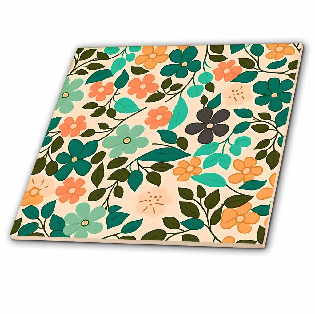 3dRose Cute Orange and Green Flower and Leaf Pattern - Tiles (ct-381684)