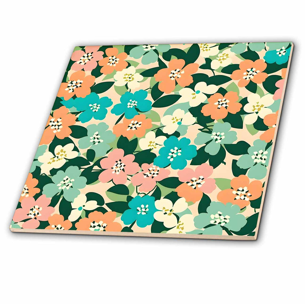 3dRose Cute Peach, Sage Green, and Aqua Simple Flower Pattern - Tiles (ct-381689)