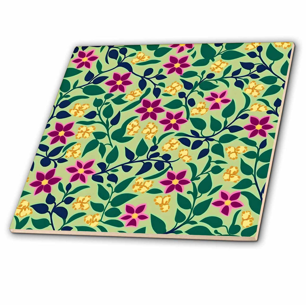 3dRose Pretty Leafy Vine and Purple Flower Pattern - Tiles (ct-381690)
