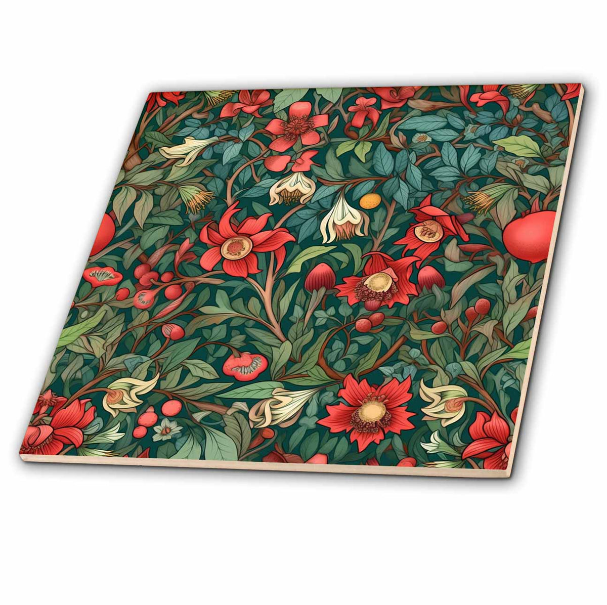 3dRose Pretty Red and White Flowers and Leafy Vine Pattern - Tiles (ct-381700)