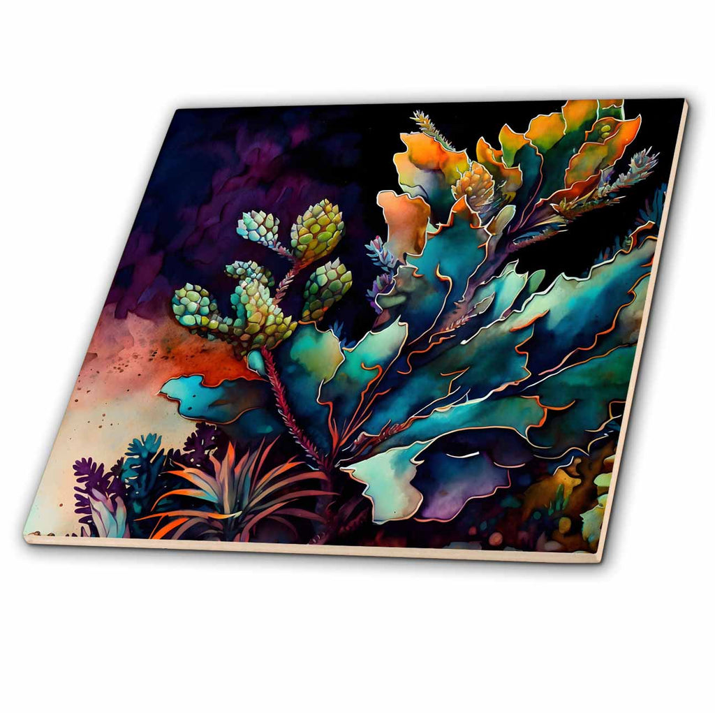 3dRose Dramatic Cactus and Leaf Background - Tiles (ct-381709)