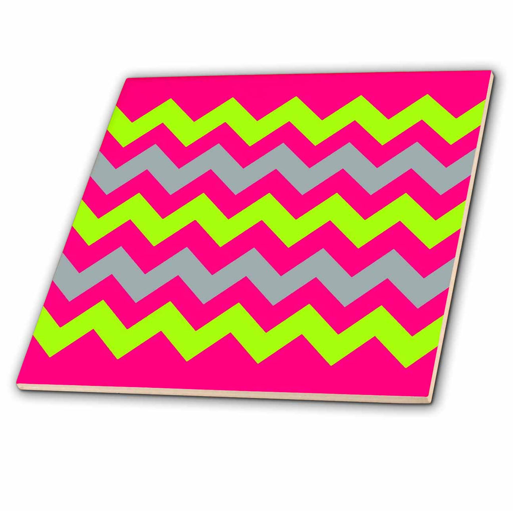 3dRose Chevron Design in Pink Yellow Grey Zigzags - Tiles (ct-381738)