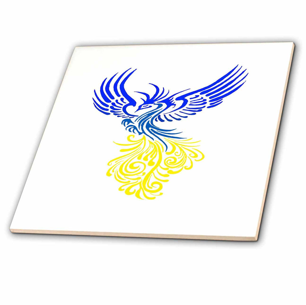 3dRose Blue Yellow Artistic Phoenix Illustration - Tiles (ct-381820)