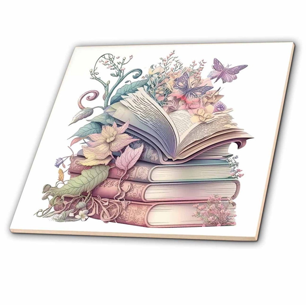 3dRose Pretty Floral Stack of Books Illustration - Tiles (ct-382185)