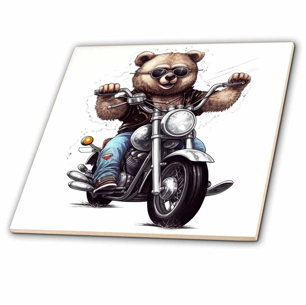 3dRose Dad Bear Riding A Motorcycle Illustration - Tiles (ct-382195)