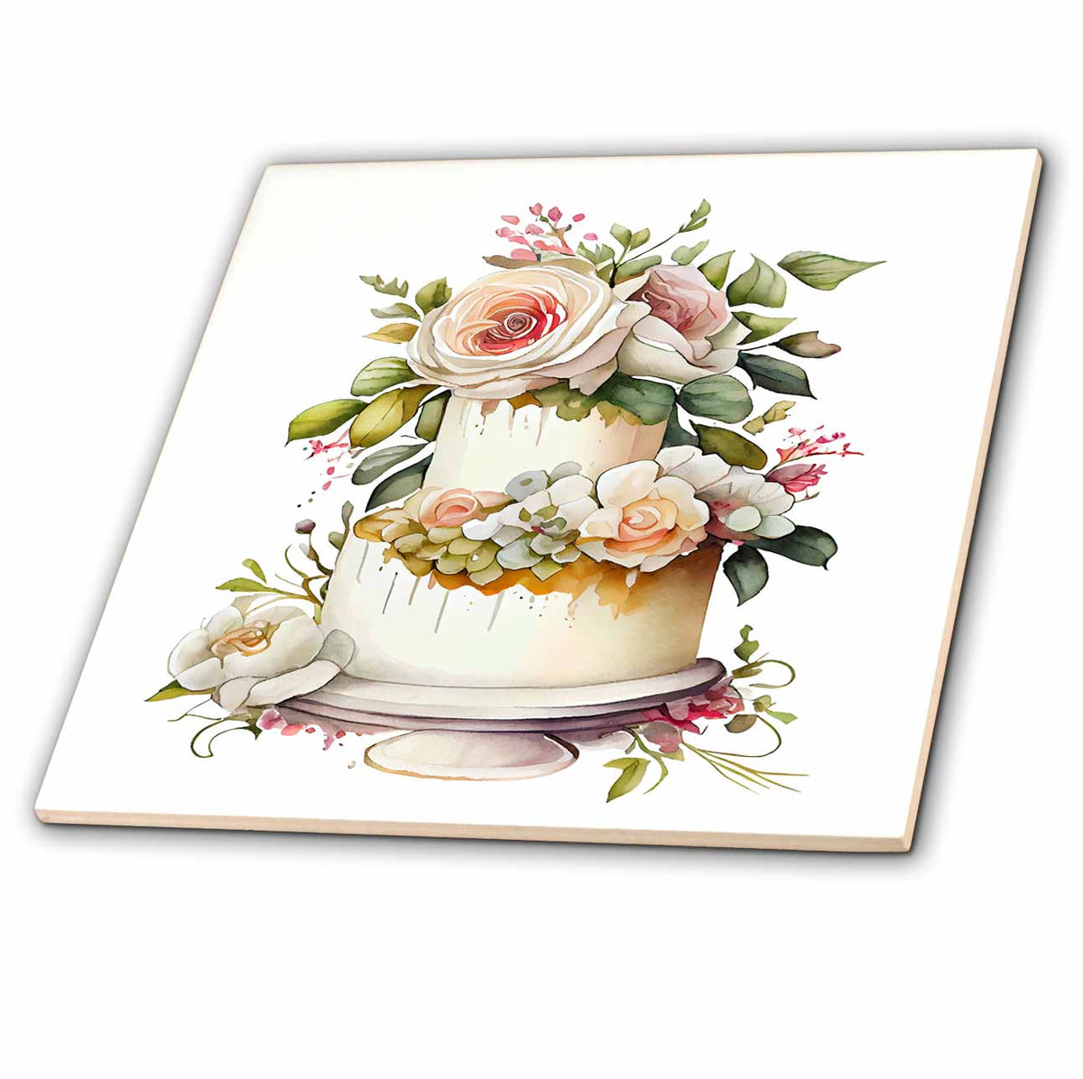 3dRose Pretty Floral Wedding Cake Illustration - Tiles (ct-382224)