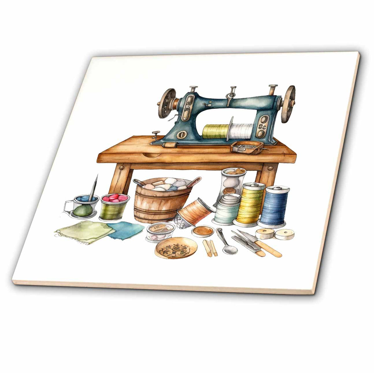3dRose Anne Marie Baugh - Illustrations - Sewing Machine and Thread Illustration - Tiles (ct-382229)