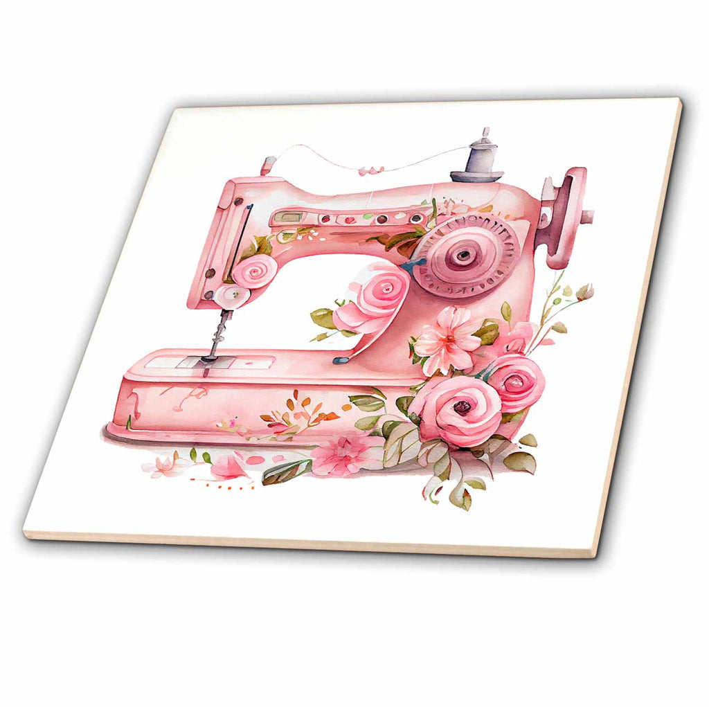 3dRose Pretty Pink Floral Sewing Machine Illustration - Tiles (ct-382242)