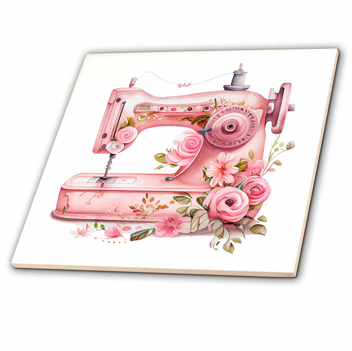 3dRose Pretty Pink Floral Sewing Machine Illustration - Tiles (ct-382242)