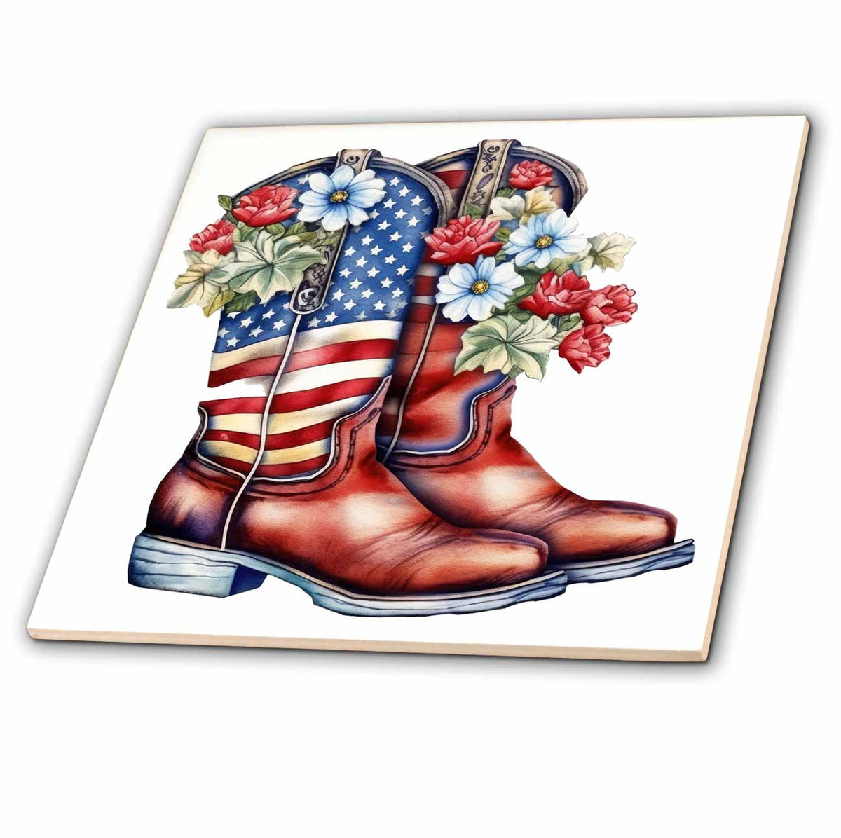 3dRose Fourth of July Patterned Boots with Flowers - Tiles (ct-382247)