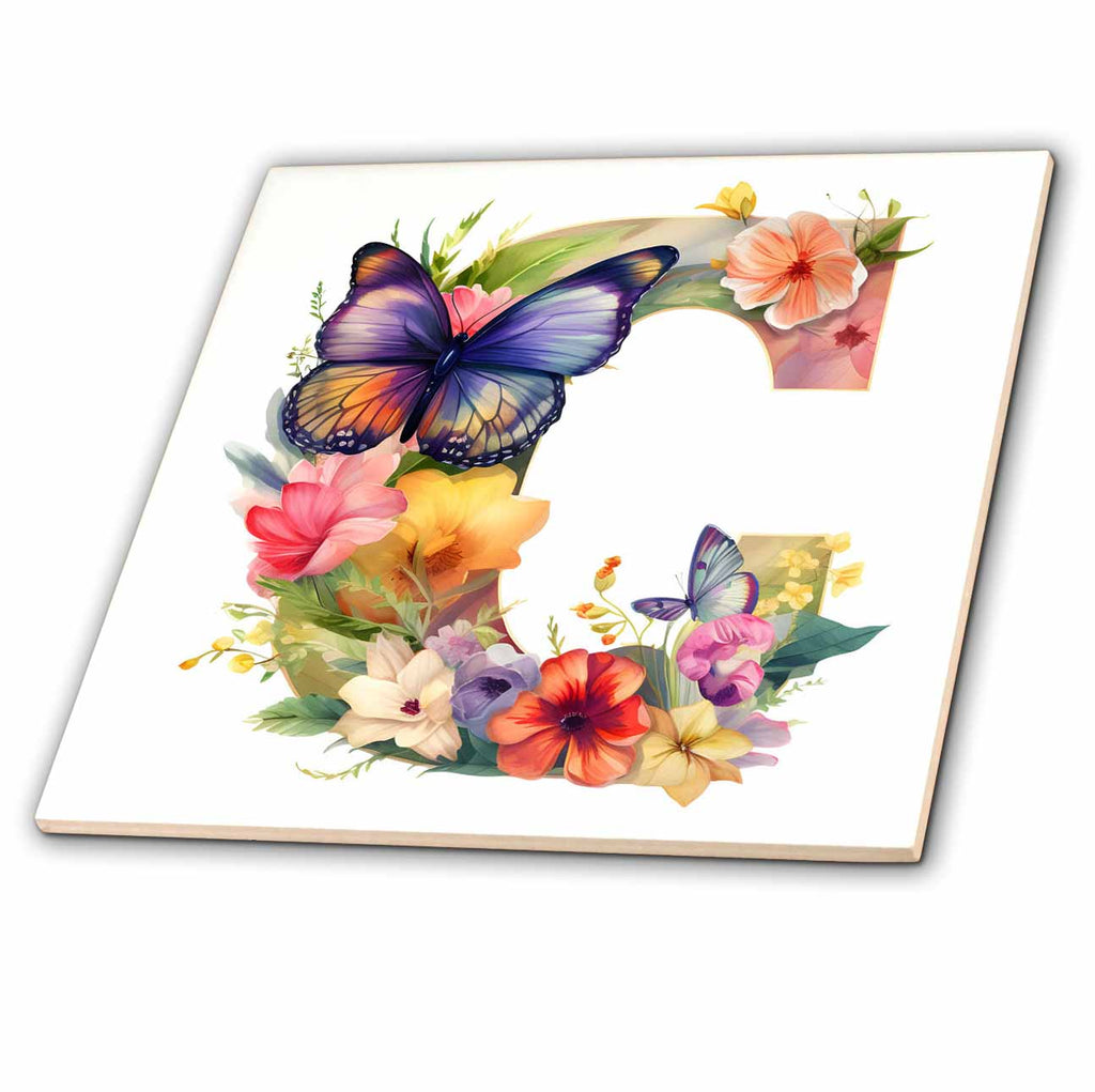 3dRose Anne Marie Baugh - Monograms - Pretty Floral Monogram Initial C - Tiles (ct-382425)