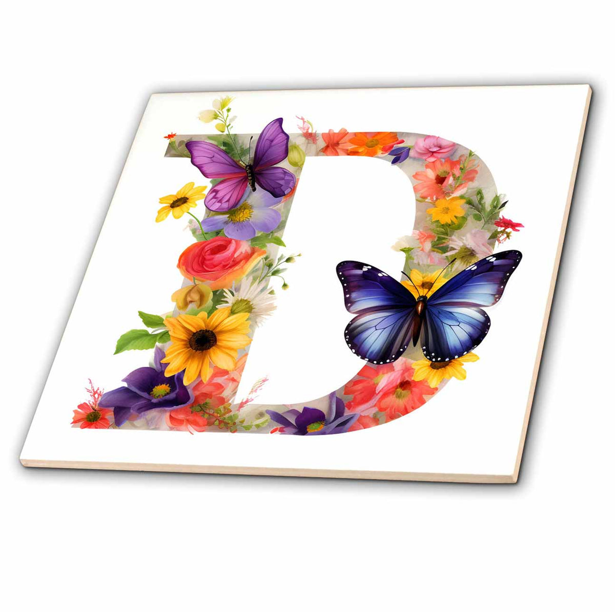 3dRose Anne Marie Baugh - Monograms - Pretty Floral Monogram Initial D - Tiles (ct-382426)
