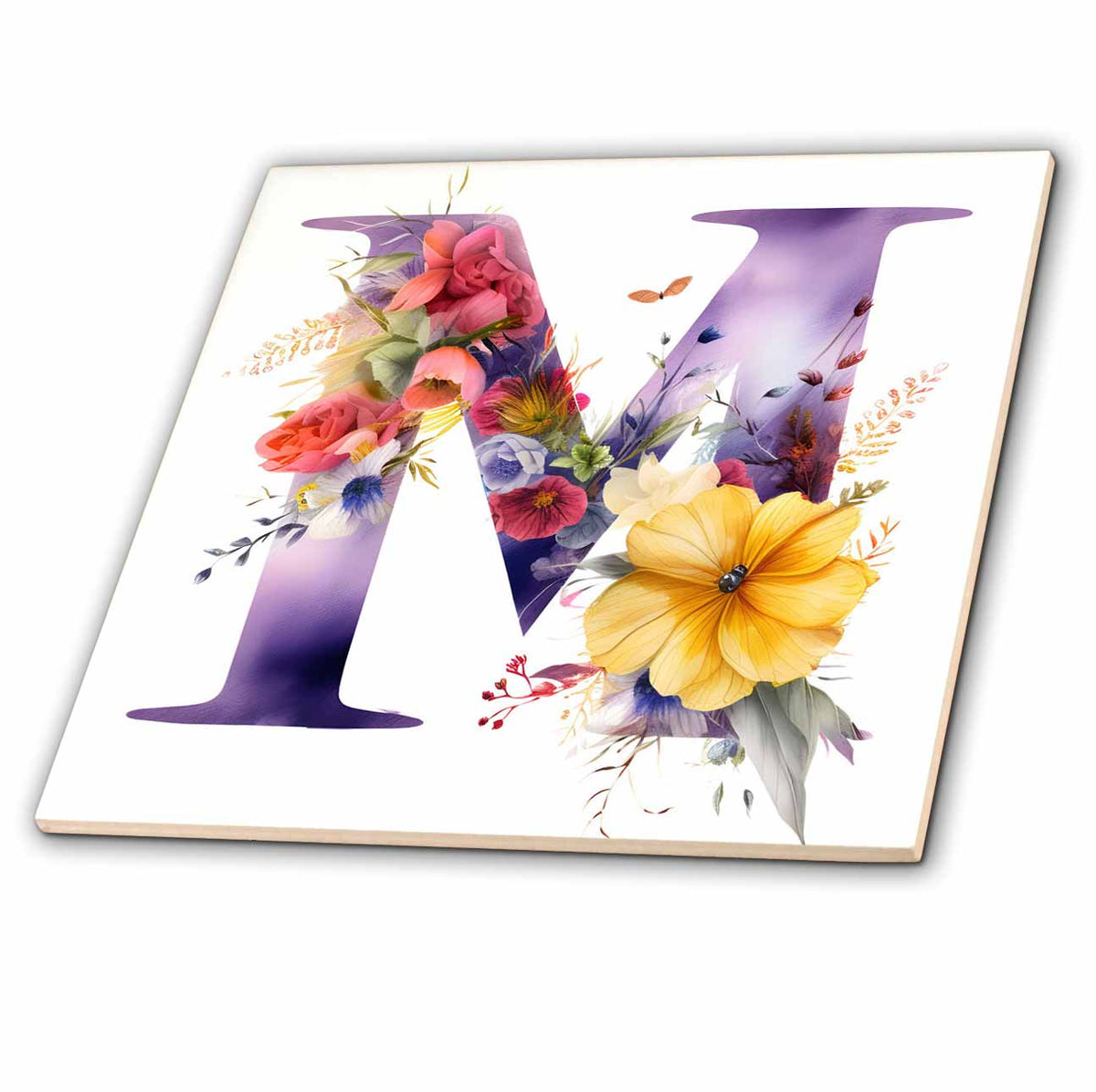 3dRose Anne Marie Baugh - Monograms - Pretty Floral Monogram Initial M - Tiles (ct-382433)