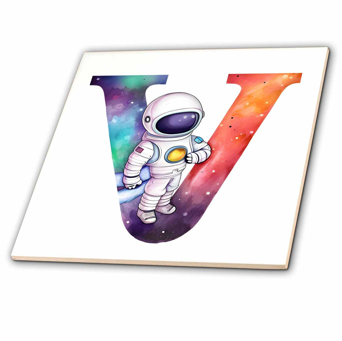 3dRose Anne Marie Baugh - Monograms - Cute Astronaut Monogram Initial V - Tiles (ct-382459)