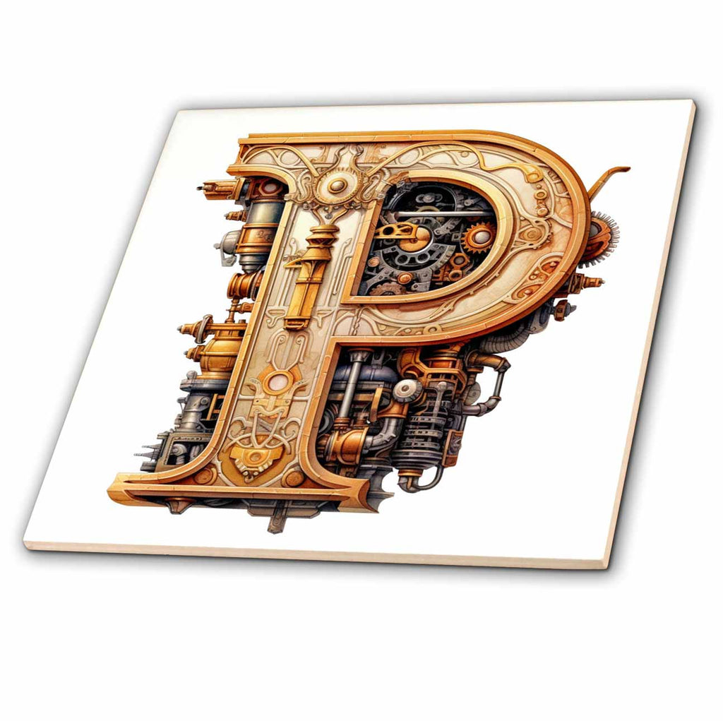 3dRose Anne Marie Baugh - Monograms - Steampunk Monogram Initial P - Tiles (ct-382515)