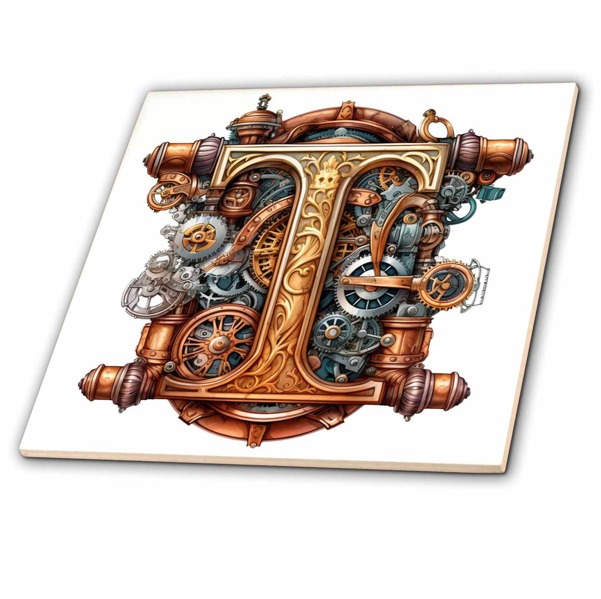 3dRose Anne Marie Baugh - Monograms - Steampunk Monogram Initial T - Tiles (ct-382518)
