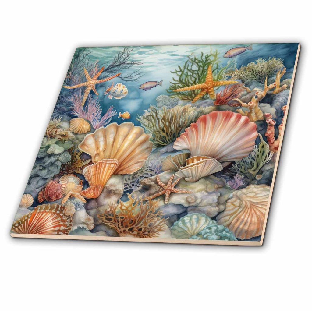 3dRose Under The Sea Sea Shells and Fish Background - Tiles (ct-382761)