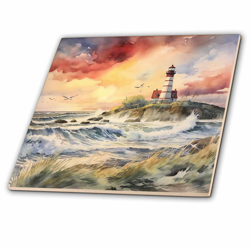 3dRose Anne Marie Baugh - Backgrounds - Stormy Sky Lighthouse Scene - Tiles (ct-382834)