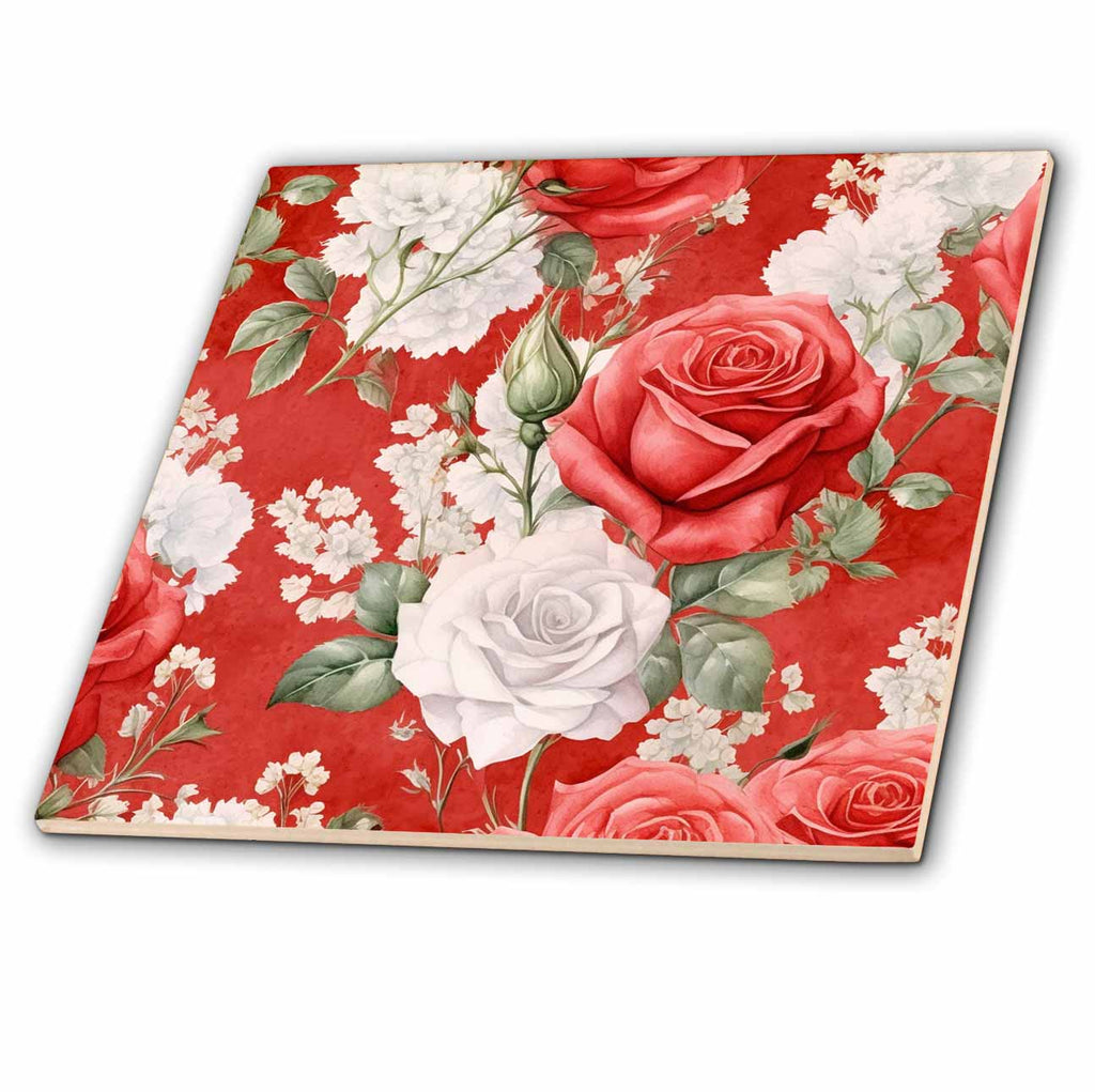 3dRose Pretty Red and White Rose Flower Background - Tiles (ct-382839)