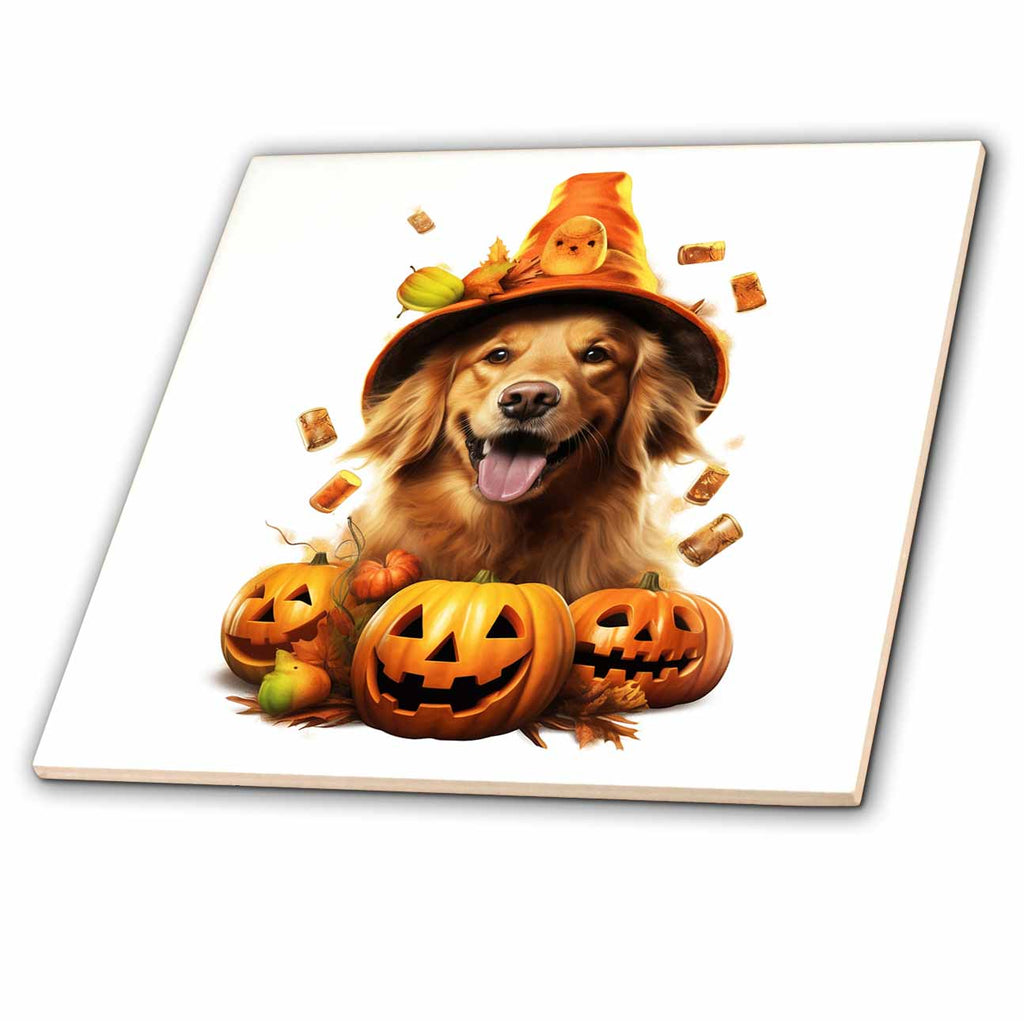 3dRose Halloween Golden Retriever Dressed as a Magic Wizard - Tiles (ct-382905)