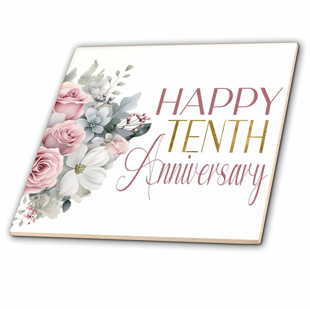 3dRose Blush Pink Roses Happy Tenth Anniversary - Tiles (ct-382969)