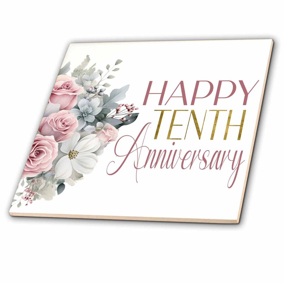 3dRose Blush Pink Roses Happy Tenth Anniversary - Tiles (ct-382969)