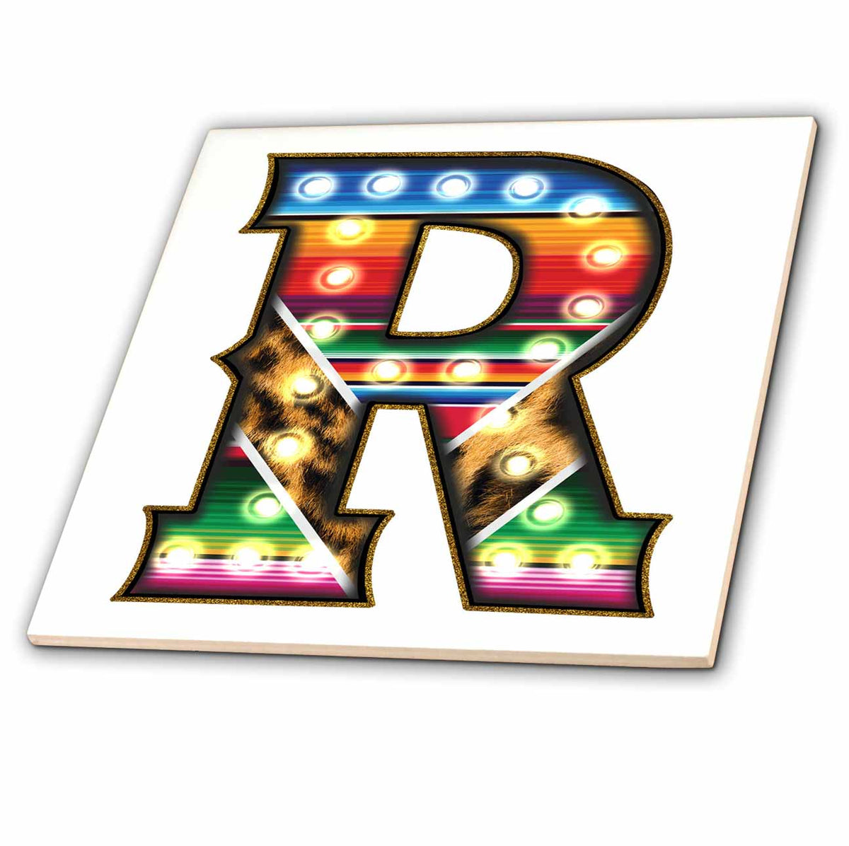 3dRose Colorful Image of Marquee Lights Monogram R - Tiles (ct-383040)