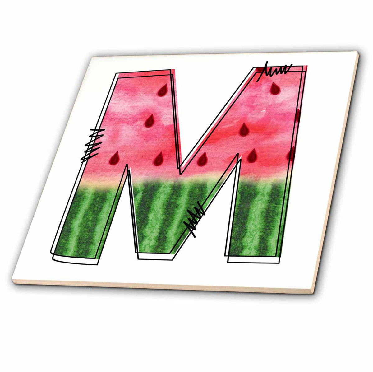 3dRose Anne Marie Baugh - Monograms - Cute Watermelon Monogram M - Tiles (ct-383097)