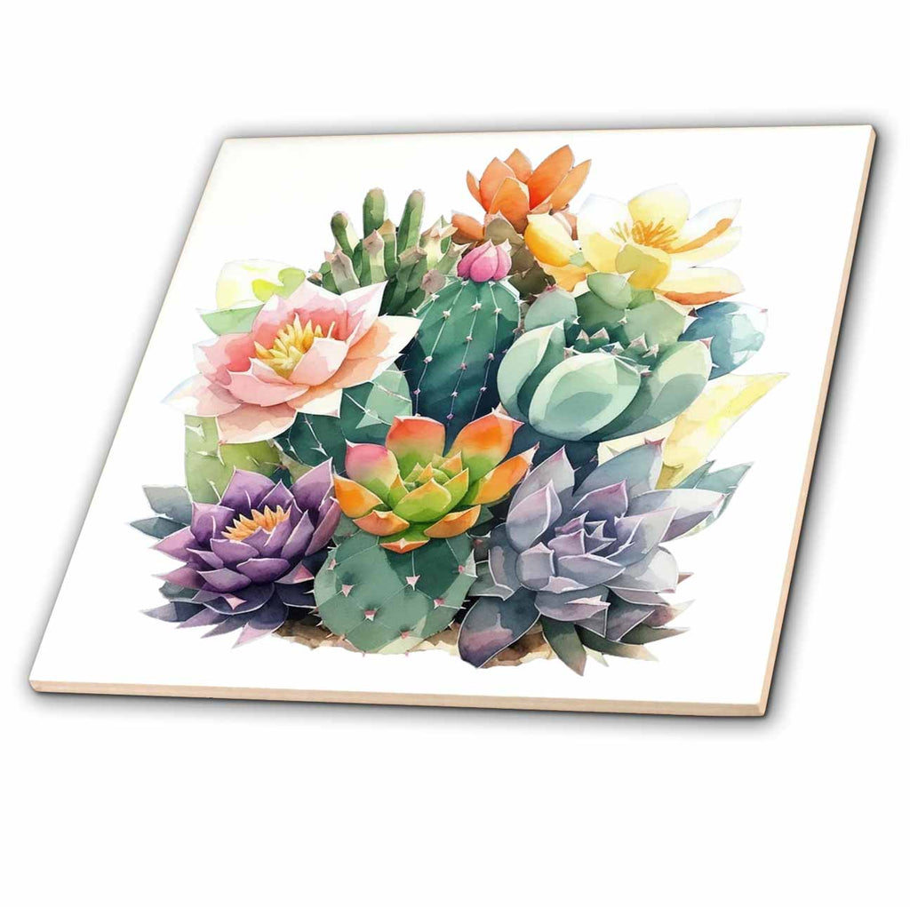 3dRose Bright and Colorful Cactus Illustration - Tiles (ct-383272)
