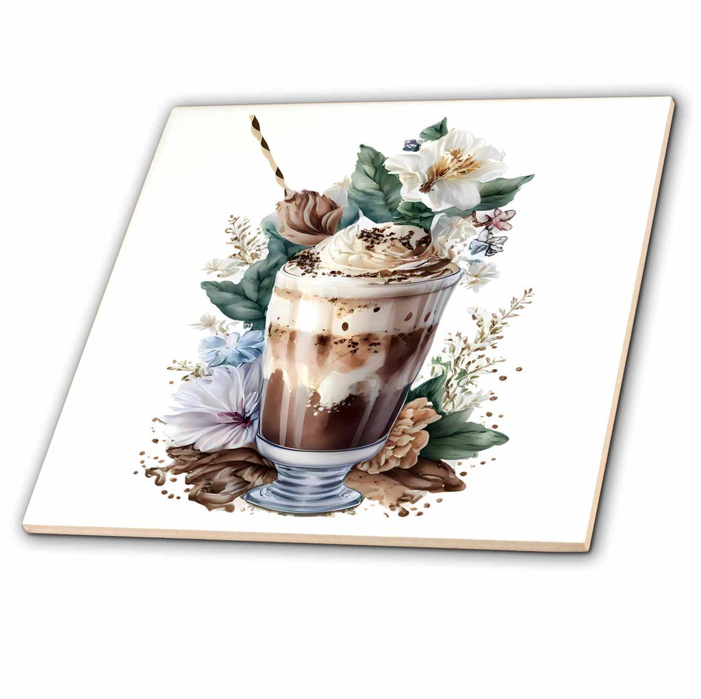 3dRose Anne Marie Baugh - Illustrations - Floral Iced Coffee Illustration - Tiles (ct-383304)