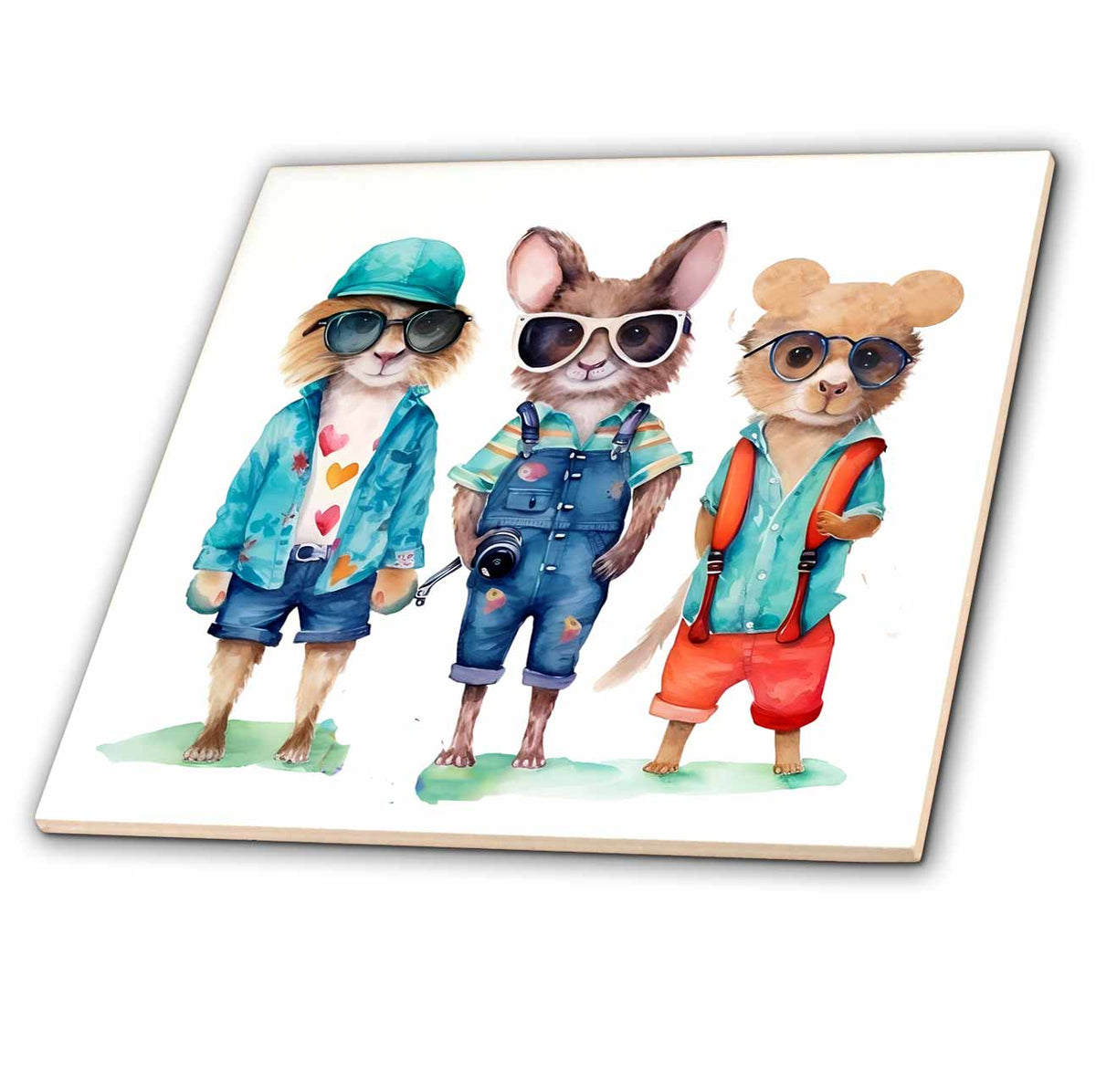 3dRose Summer Vacation Animal Friends Illustration - Tiles (ct-383621)