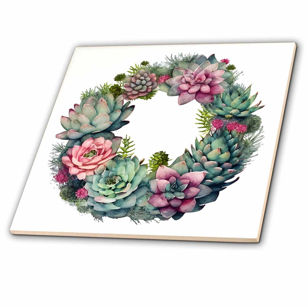 3dRose Pretty Cactus Succulent Wreath Illustration - Tiles (ct-383644)