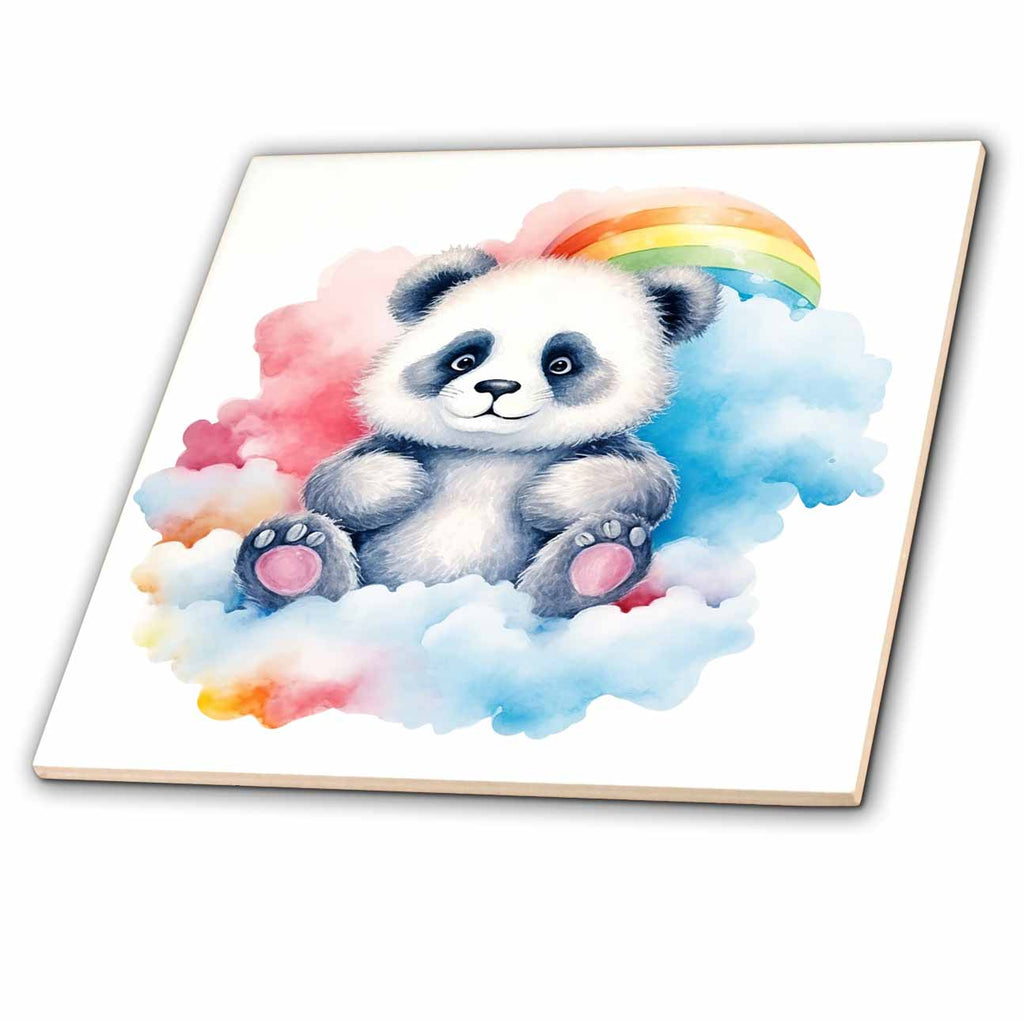 3dRose Cute Panda Bear On A Cloud With A Rainbow Illustration - Tiles (ct-383679)