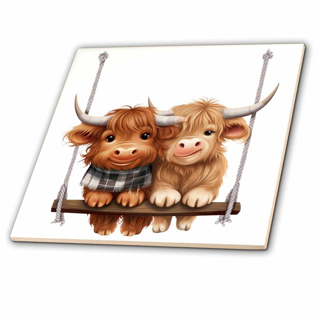 3dRose Two Cute Highland Cows On A Swing Illustration - Tiles (ct-383683)
