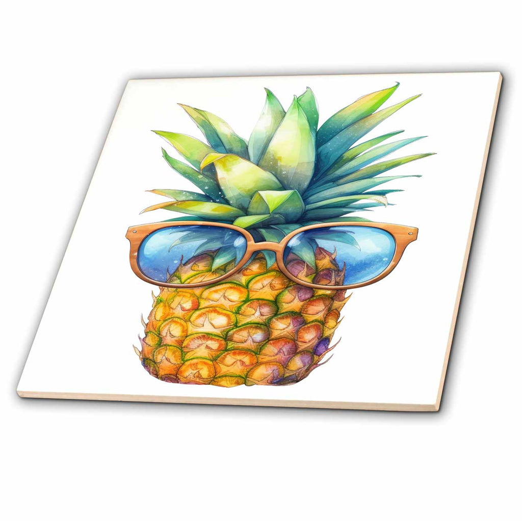 3dRose Summer Pineapple with Sunglasses Illustration - Tiles (ct-383693)