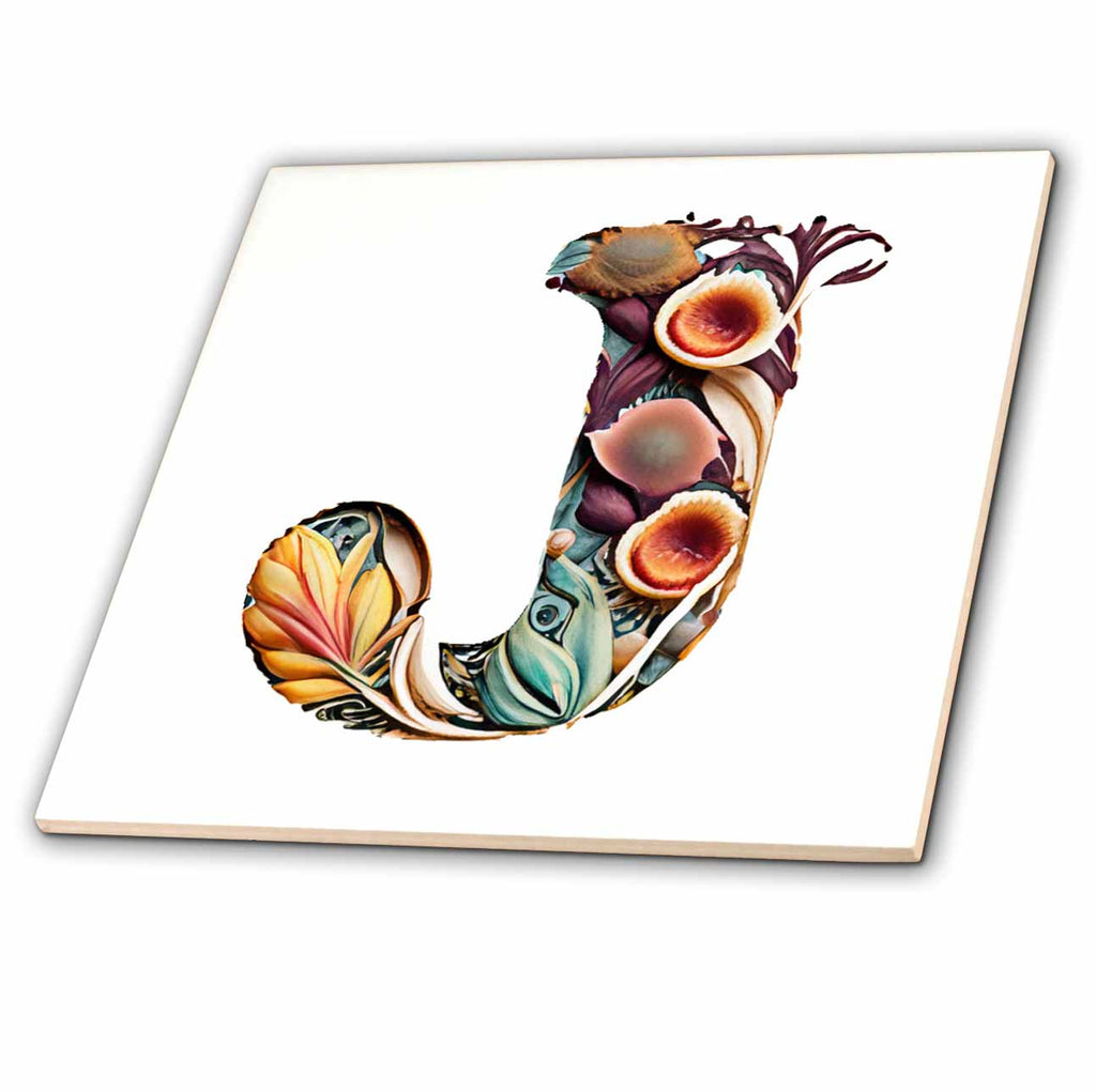 3dRose Anne Marie Baugh - Monograms - Boho Floral Monogram Initial J - Tiles (ct-383736)