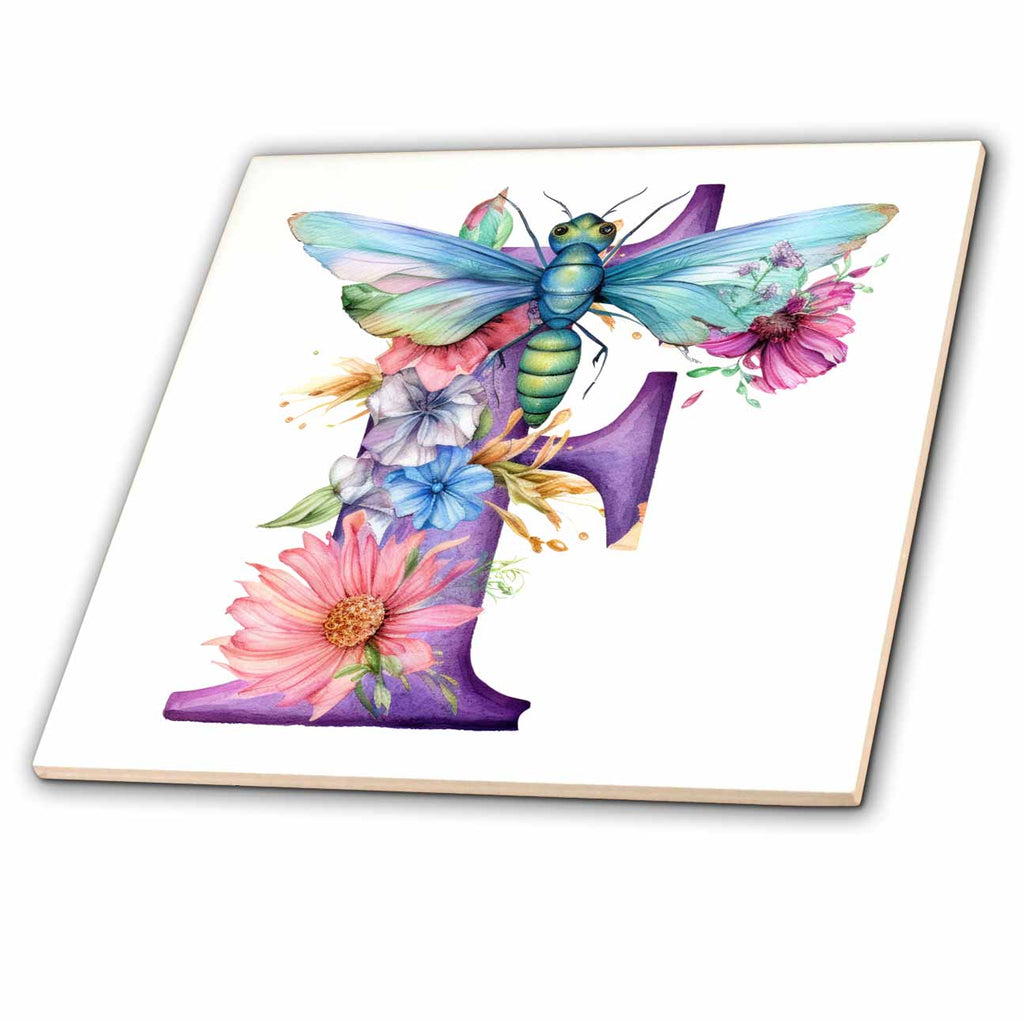 3dRose Pretty Pastel Floral Insect Monogram Initial F - Tiles (ct-383753)