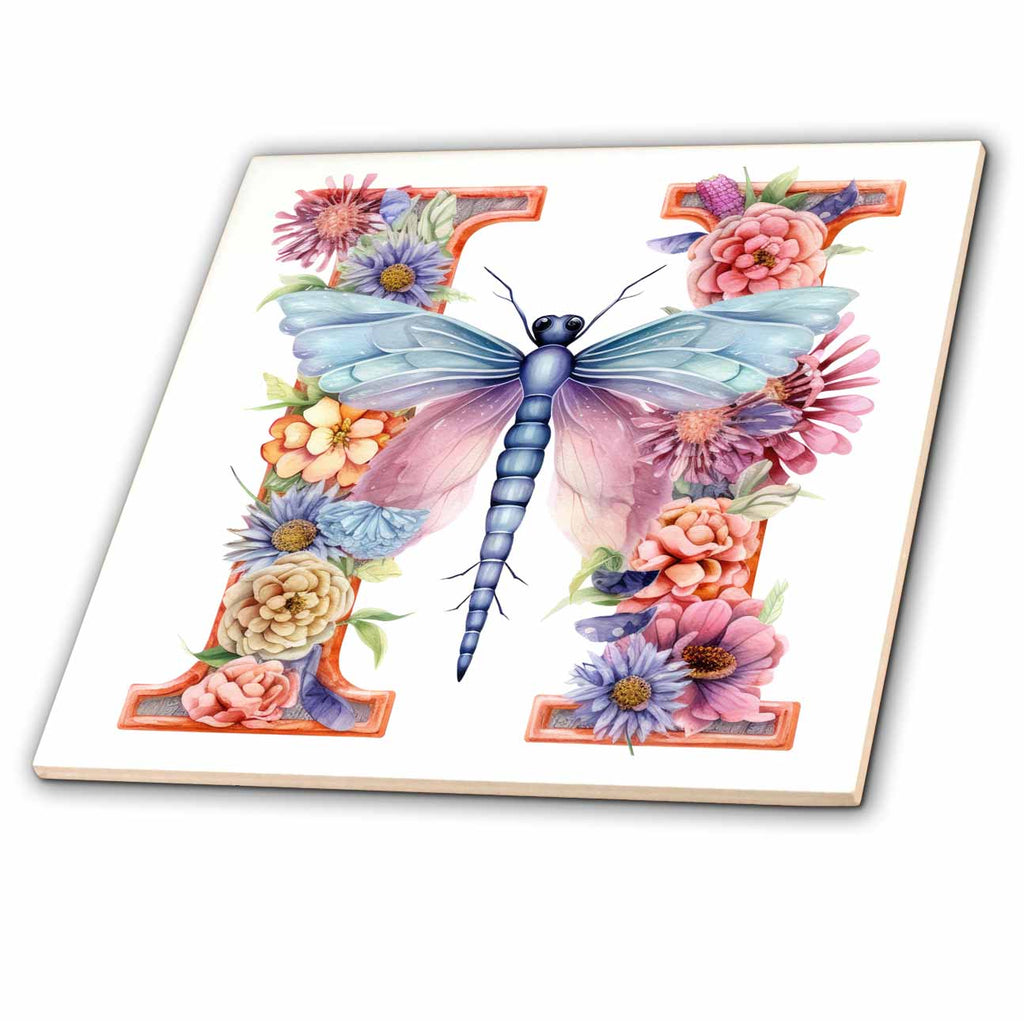 3dRose Pretty Pastel Floral Insect Monogram Initial H - Tiles (ct-383755)
