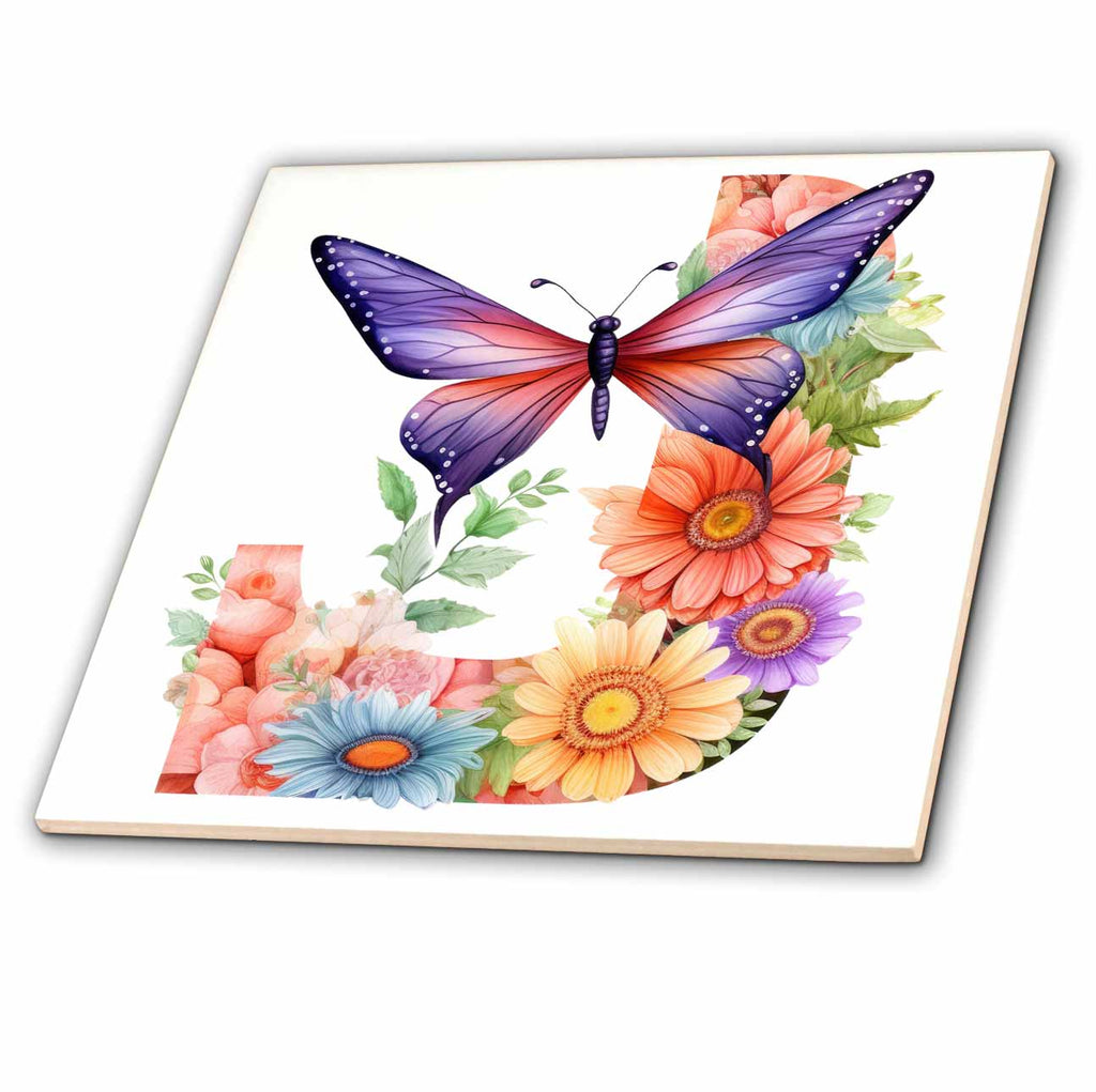 3dRose Pretty Pastel Floral Insect Monogram Initial J - Tiles (ct-383756)