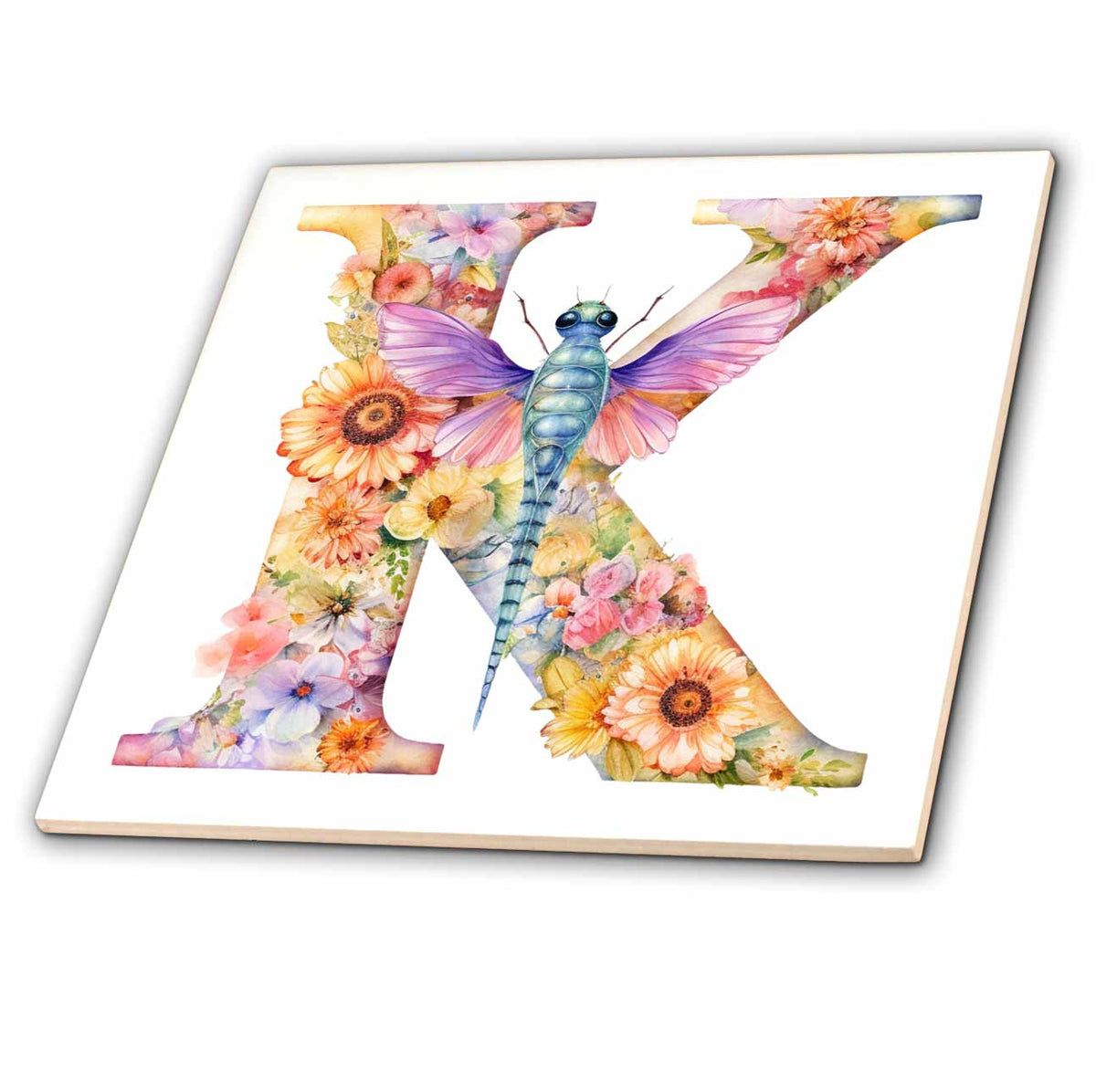 3dRose Pretty Pastel Floral Insect Monogram Initial K - Tiles (ct-383757)