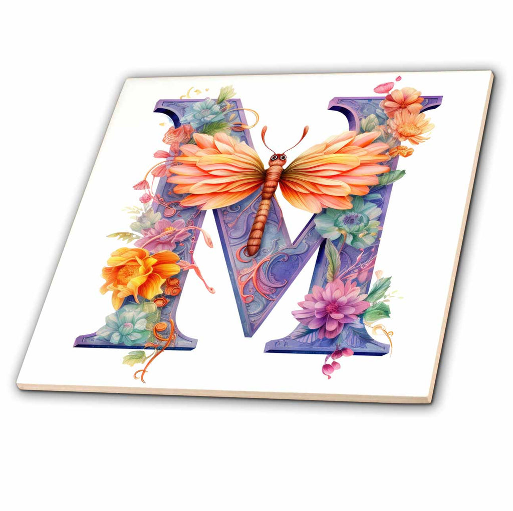 3dRose Pretty Pastel Floral Insect Monogram Initial M - Tiles (ct-383759)