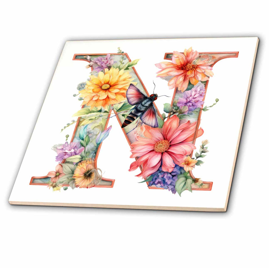 3dRose Pretty Pastel Floral Insect Monogram Initial N - Tiles (ct-383760)