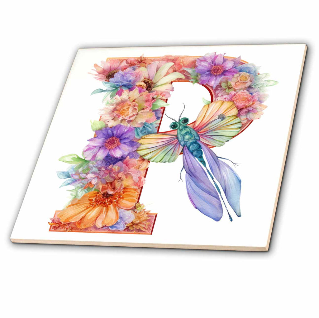 3dRose Pretty Pastel Floral Insect Monogram Initial P - Tiles (ct-383761)