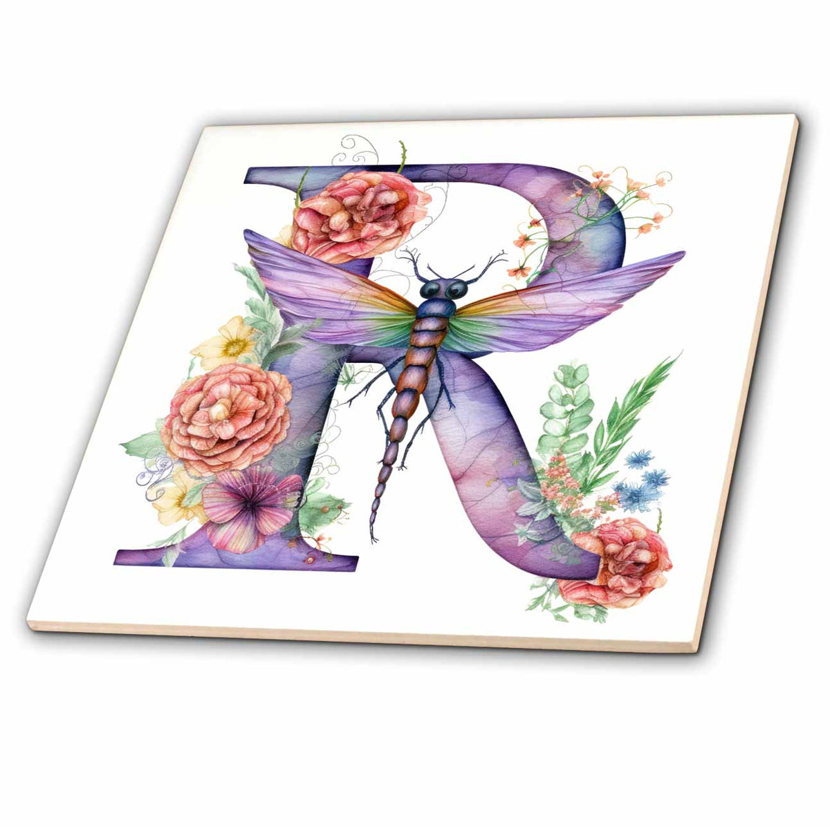 3dRose Pretty Pastel Floral Insect Monogram Initial R - Tiles (ct-383762)