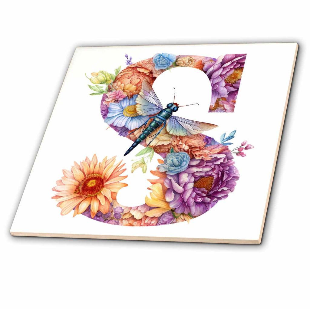 3dRose Pretty Pastel Floral Insect Monogram Initial S - Tiles (ct-383763)