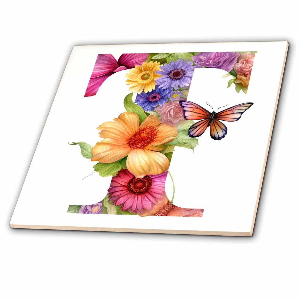 3dRose Pretty Pastel Floral Insect Monogram Initial T - Tiles (ct-383764)