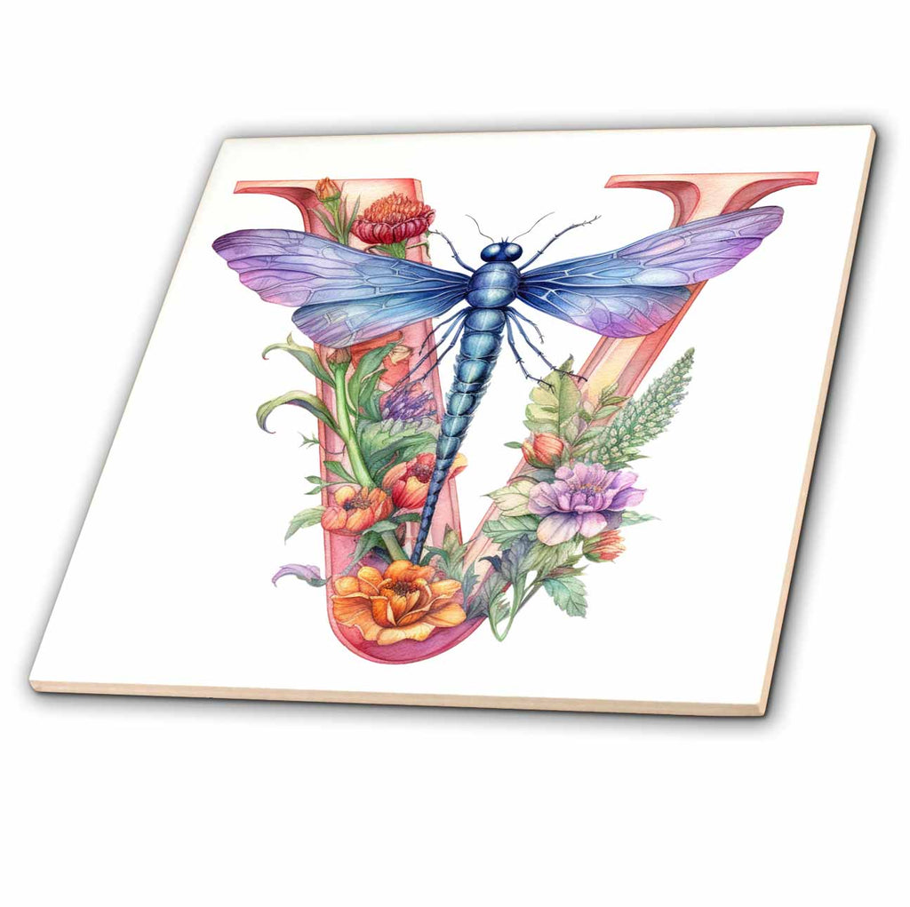 3dRose Pretty Pastel Floral Insect Monogram Initial V - Tiles (ct-383765)