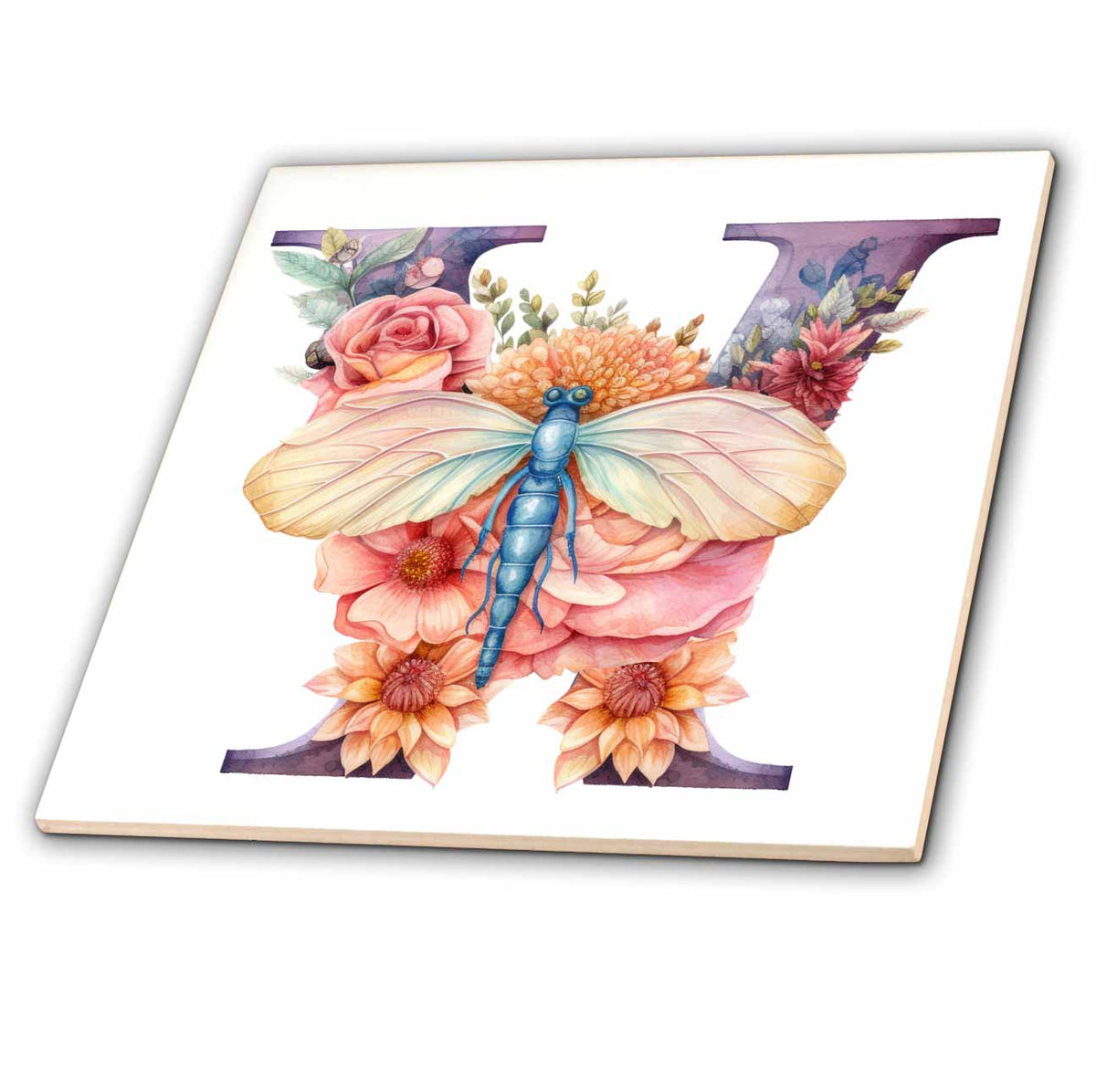 3dRose Pretty Pastel Floral Insect Monogram Initial W - Tiles (ct-383766)