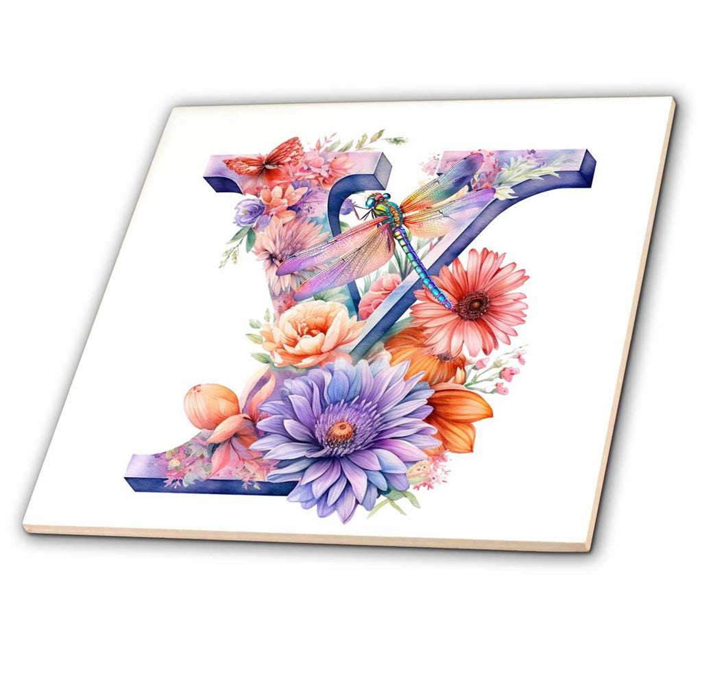 3dRose Pretty Pastel Floral Insect Monogram Initial Y - Tiles (ct-383767)