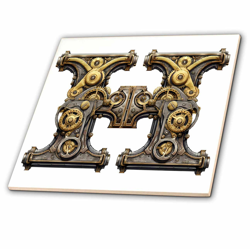 3dRose Steampunk Image of Metal Monogram Initial H - Tiles (ct-383795)